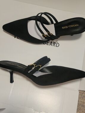 Veronica Beard Black Suede Double-Strap Kitten Heel Mule